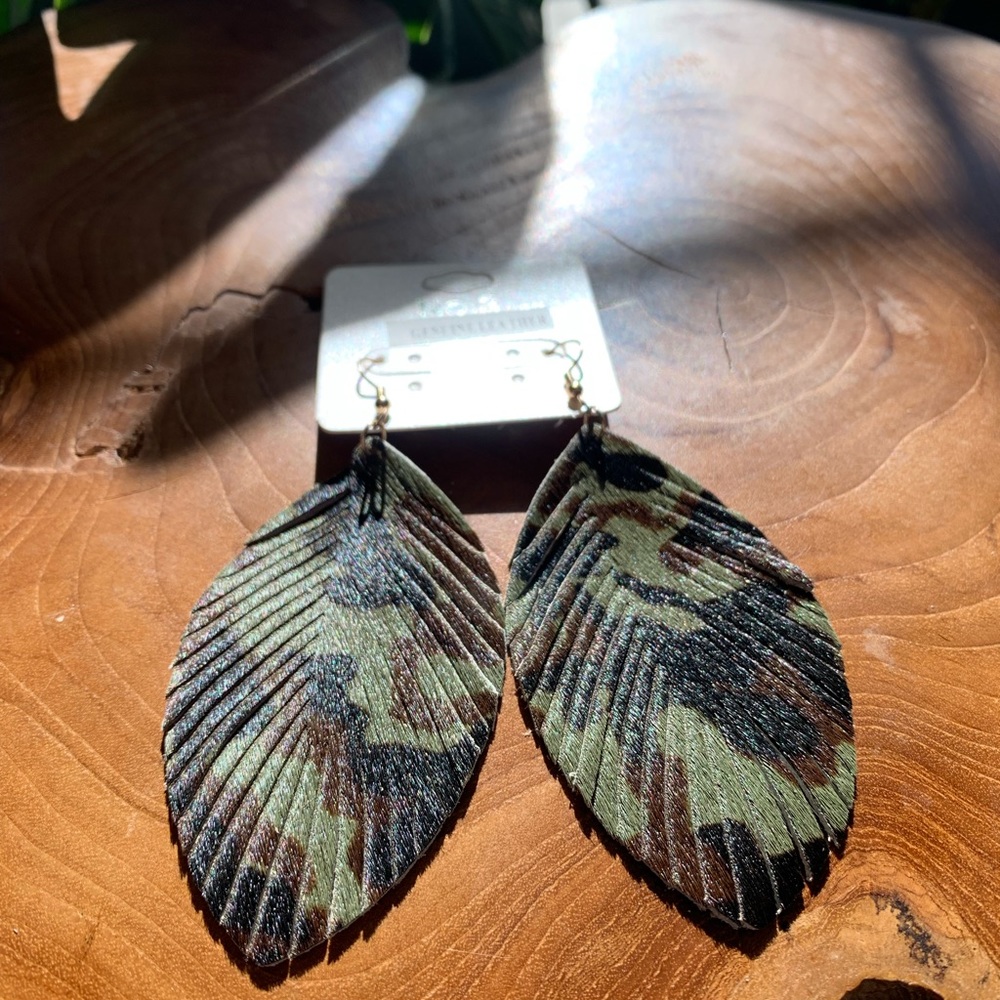 Genuine leather camouflage leaf shaped earrings